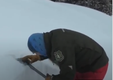 A Forest Service forecaster takes a break from a day of skiing to examine the snow.